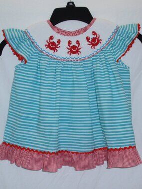 Three Sisters Smocked Embroidered Red Crabs Top Blouse Striped Beach 3t